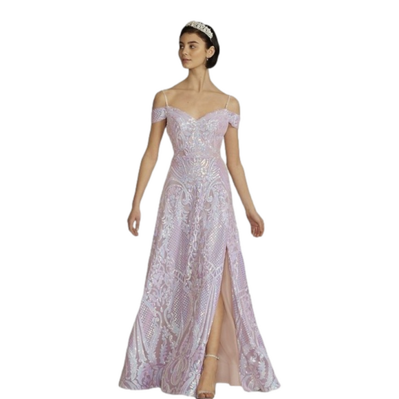 JULES And Cleo Off-The-Shoulder Patterned A-Line With Slit Prom Dress - Picture 1 of 5